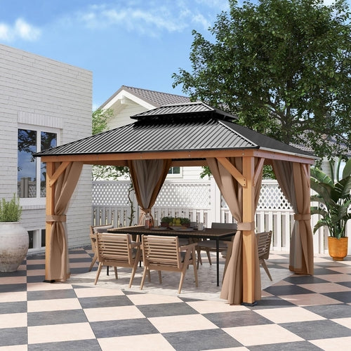 Altana Ogrodowa Drewniana 3,35x3,96m z Twardym Dachem, Moskitierą i Zasłonami