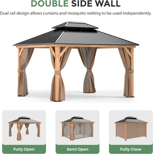 Altana Ogrodowa Drewniana 3,35x3,96m z Twardym Dachem, Moskitierą i Zasłonami