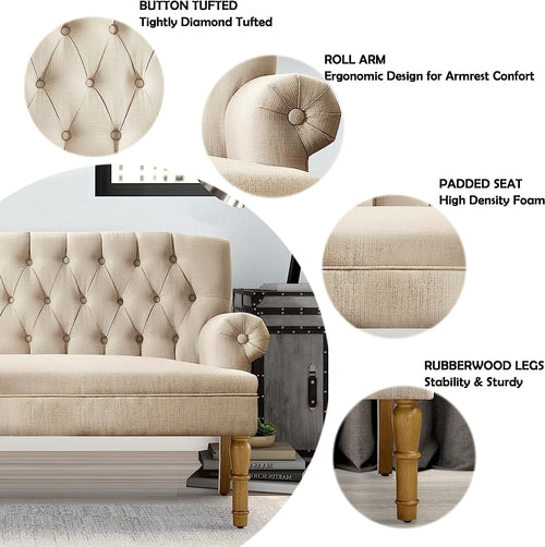 Elegancka Sofa Dwuosobowa Chesterfield - Ciepły Beż z Lnu